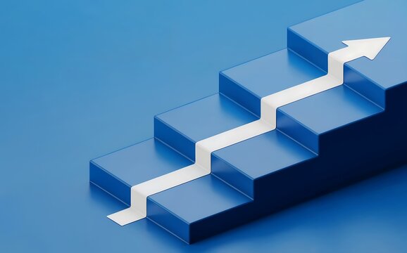 Blue stairs with white arrow pointing up, business success growth concept, 3d render abstract background, career progress path, minimalist motivation symbol, future financial improvement step.