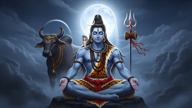 Lord Shiva Mahadev Meditation Pose Nandi Bull Himalayan Mountains Full Moon Night Digital Painting Mystical Hindu God Shankar Bholenath Sawan Month Shravan Spiritual Yoga Indian Culture Worship 