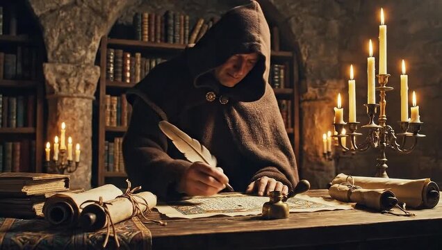 Monk writing with quill in a medieval library illuminated by candlelight concept for history and literature