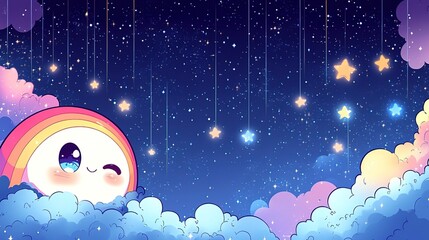Cute Cartoon Moon in Star - Filled Night Sky with Clouds