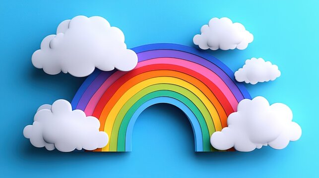 3D Rendered Rainbow with Clouds on Blue Background