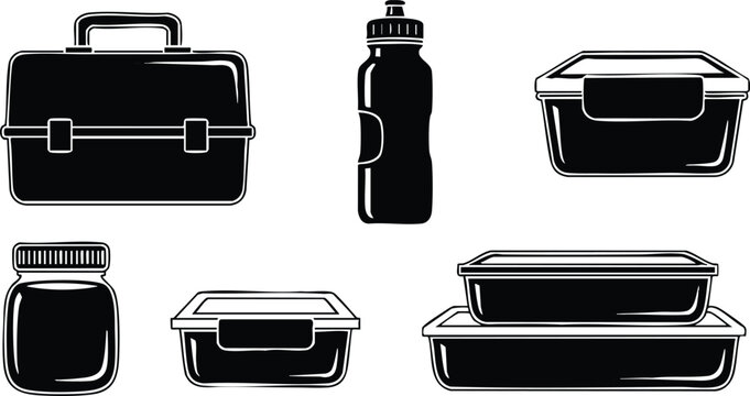 Flat design black silhouette lunch box set with water bottle jar and stacked food containers arranged in two rows simple monochrome vector art style
