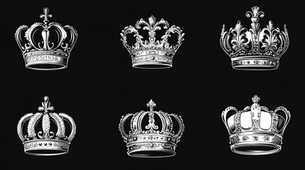 Set of Ornate Crown Illustrations with Intricate Details on Black Background