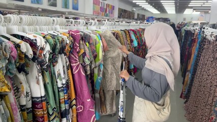 A woman selects batik fabric while shopping in a Yogyakarta store in the afternoon