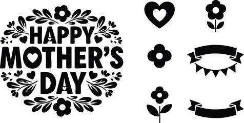 Flat black floral vector art with happy mothers day lettering heart shapes and decorative banner icons for greeting card and festive celebration design