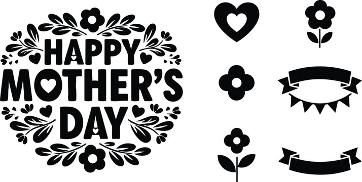 Flat black floral vector art with happy mothers day lettering heart shapes and decorative banner icons for greeting card and festive celebration design