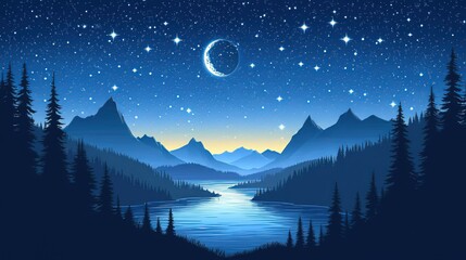 Nighttime Landscape with Crescent Moon, Star - filled Sky, Mountains, Lake and Pine Forests