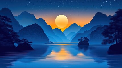 Serene Mountain - Lake Landscape at Dusk with Full Moon and Starry Sky