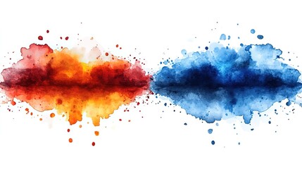 Two Large Watercolor Blots in Red - Orange and Blue with Splashes on White Background