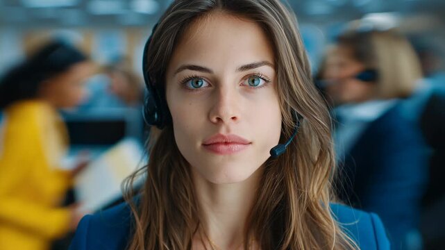 a young woman from the hips upward, clearly centered in the frame. She is wearing business clothes. She looks directy in the camera, her long brown hair falling over one shoulder. She is wearing a