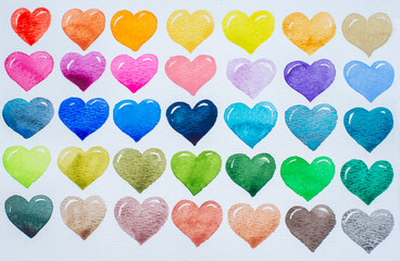 A large assortment of colorful hearts painted with watercolors on textured paper.