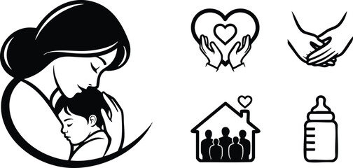 Flat design black and white mother holding baby in gentle embrace with family home heart hands and baby bottle icons for mothers day theme