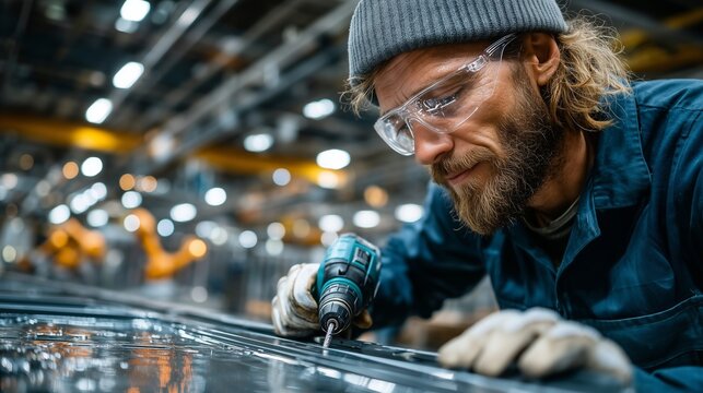 Skilled male technician using power drill on metal surface in modern industrial workshop environment - Powered by Adobe