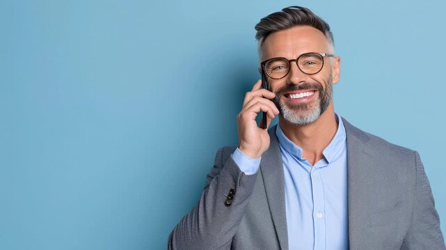 Banner portrait of handsome 30s 40s old businessman using telephone mobile cellphone. Mature smiling freelance man entrepreneur holding smartphone device isolated on blue background with copy space