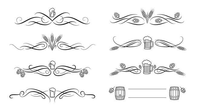 Elegant beer-themed text dividers featuring hops, grains, mugs, and floral designs in a decorative style