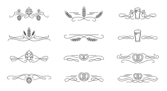 Beer-themed text dividers featuring hops, wheat, mugs, and decorative elements in a stylish collection