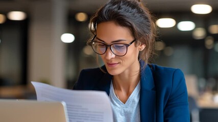 Latin business woman saleswoman working on laptop computer reading financial banking document report in office. Young entrepreneur manager businesswoman hr, it specialist doing paperwork using pc - Powered by Adobe