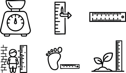 Minimal line vector set of measurement icons with weighing scale rulers child height footprint and plant growth symbols arranged in two rows on white background