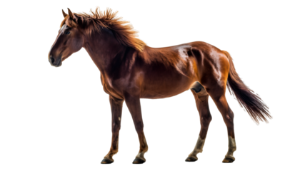 Brown horse standing with vibrant mane transparent background