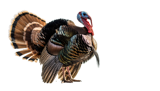Wild male turkey displaying plumage on transparent background