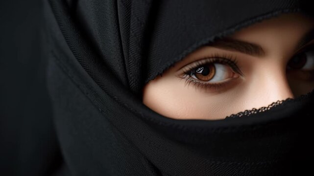 A woman with brown eyes is wearing a black veil. Concept of mystery and intrigue, as the woman's face is partially hidden by the veil. The black color of the veil