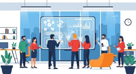 Business professionals collaborating around a large interactive screen in a modern office setting, presenting data analysis and strategy