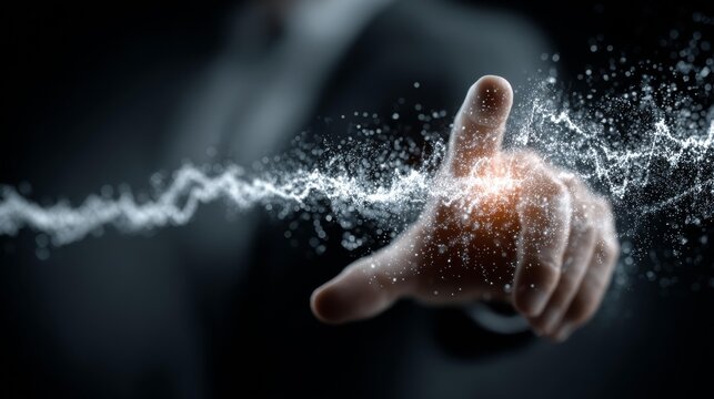 Touching the future: Business person's hand activates digital energy flow, symbolizing innovation, technology, and connection