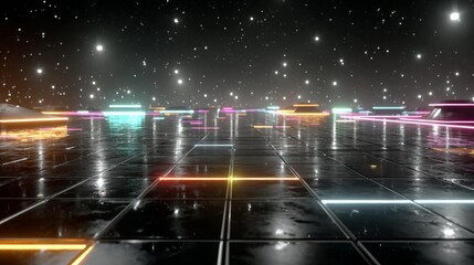 Vibrant neon grid reflecting in glossy surface with futuristic city lights and starlit sky, perfect for tech backgrounds