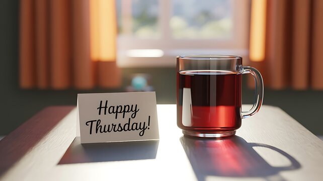 Happy Thursday card and glass mug on table with window background