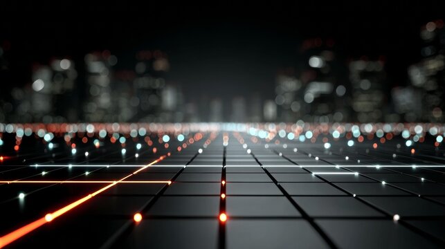 Dynamic cityscape with glowing data lines, representing technology, innovation, and futuristic digital connections, perfect for modern design - Powered by Adobe