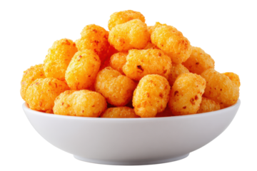 Bowl of cheese puffs isolated on transparent background. Crispy cheese puffs snack in a white bowl isolated on white background.