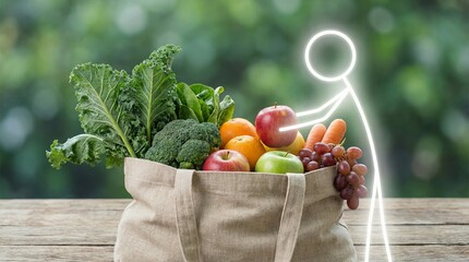 Stick figure choosing fresh fruit and vegetable from bag