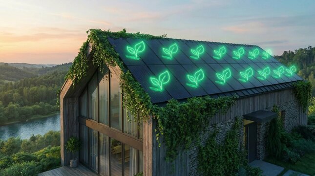Ecofriendly house with glowing green leaf solar panel icon - Powered by Adobe
