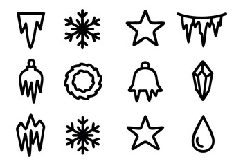 Frozen Decorations doodle icons — icy ornaments, snowflakes, and frosty holiday symbols — stock vector.