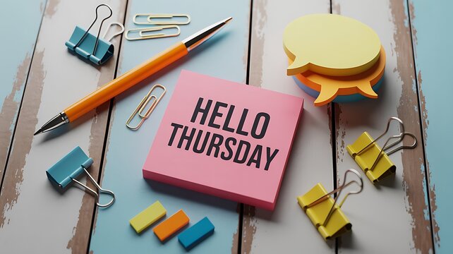 Hello Thursday message with office supplies on a wooden surface background - Powered by Adobe