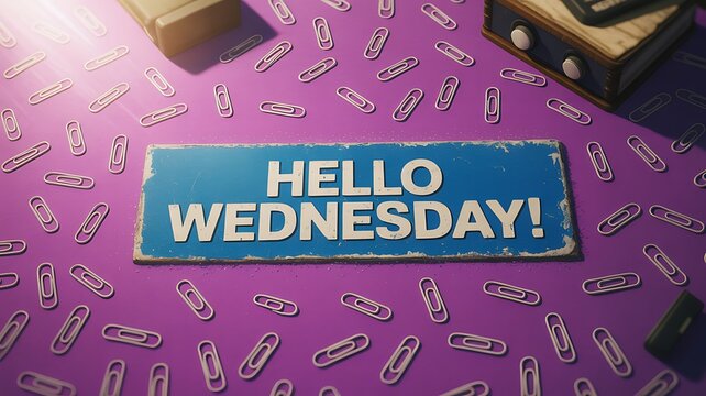 Hello Wednesday concept with vintage style and colorful paper clips
