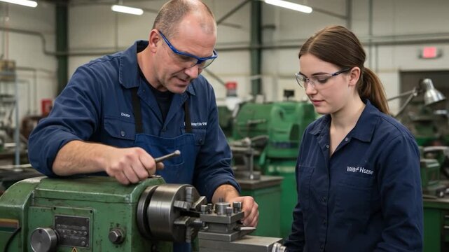 Experienced machinist instructs apprentice on operating a metal lathe in a workshop environment, emphasizing safety