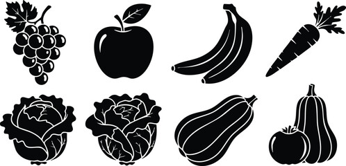 Flat design black produce silhouettes showing grapes apple bananas carrot cabbage squash and tomato arranged in two rows simple healthy food vector art