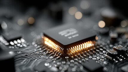 Dynamic microchip glowing with vibrant orange energy on a detailed circuit board, representing innovation and advanced technology.