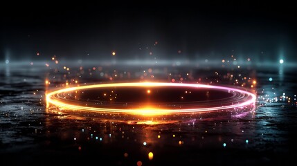 Dynamic glowing ring of light with sparkling particles erupting from a dark, reflective surface creating a magical, futuristic atmosphere for tech or event themes.