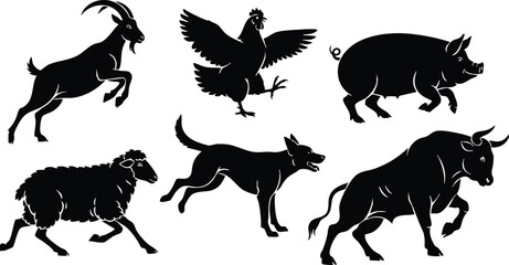 Obraz premium Farm animal silhouette vector art with jumping goat, flapping chicken, walking pig, grazing sheep, running dog and charging bull in bold black shapes