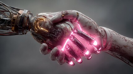 Futuristic robot handshake symbolizes advanced technology and collaborative innovation powering future industry partnerships