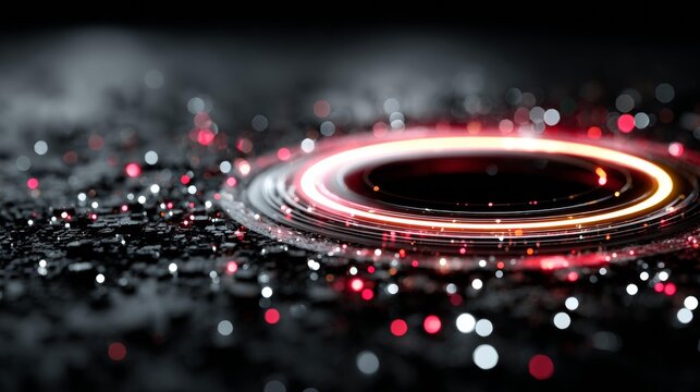Dynamic energy vortex with glowing red light trails and scattered bokeh particles on dark textured background, perfect for futuristic tech concepts and abstract designs.