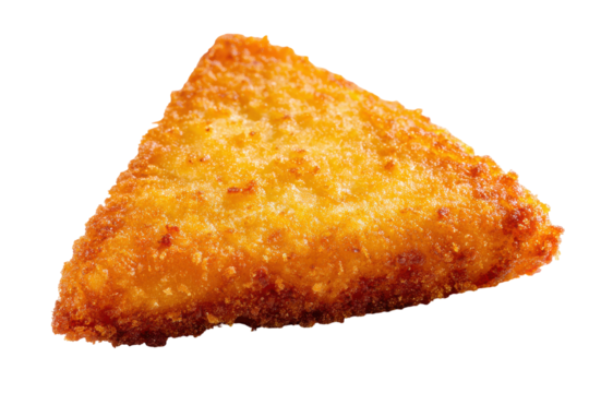 Crispy golden triangle hash brown isolated on transparent background. Golden fried triangle hash brown isolated on white background.