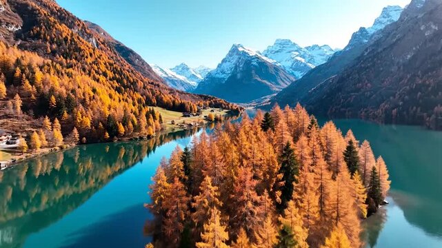  Drone Footage of Sils Lake &ndash; Autumn Orange Larch Trees, Swiss Alps, HD