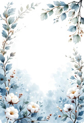 Delicate watercolor frame with eucalyptus cotton flowers and white winter berries in soft tones