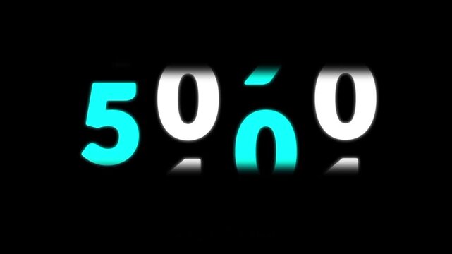 Glowing neon &ldquo;5000&rdquo; scrolling upward with smooth motion on a black background. Perfect for milestone reveals, follower or subscriber counts, achievement visuals, analytics, or progress displays.
