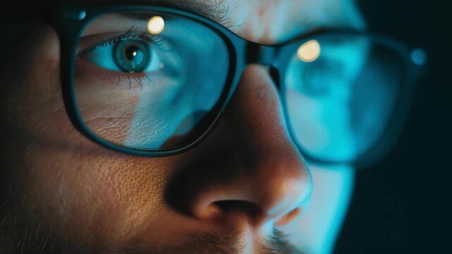 A man with glasses is looking at a computer screen. Concept of focus and concentration as the man stares intently at the screen. The blue light from the screen illuminates his face