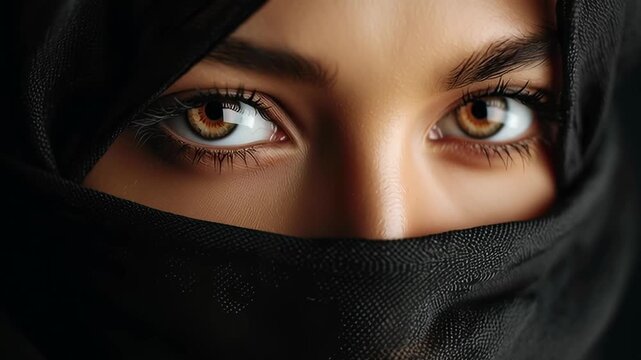 A woman with brown eyes wearing a black scarf. The scarf is covering her face. The woman's eyes are open and staring