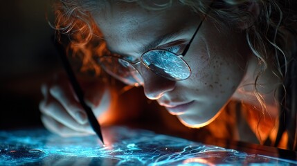Young artist intensely focused on digital creation, stylus glowing on vibrant tablet screen in dimly lit, atmospheric studio
